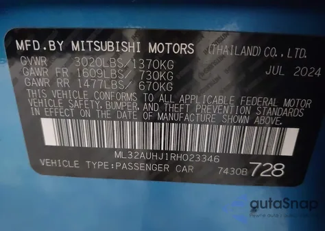 2024 Mitsubishi Mirage Es/Le z USA, uszkodzony, nr VIN ML32AUHJ1RH023346